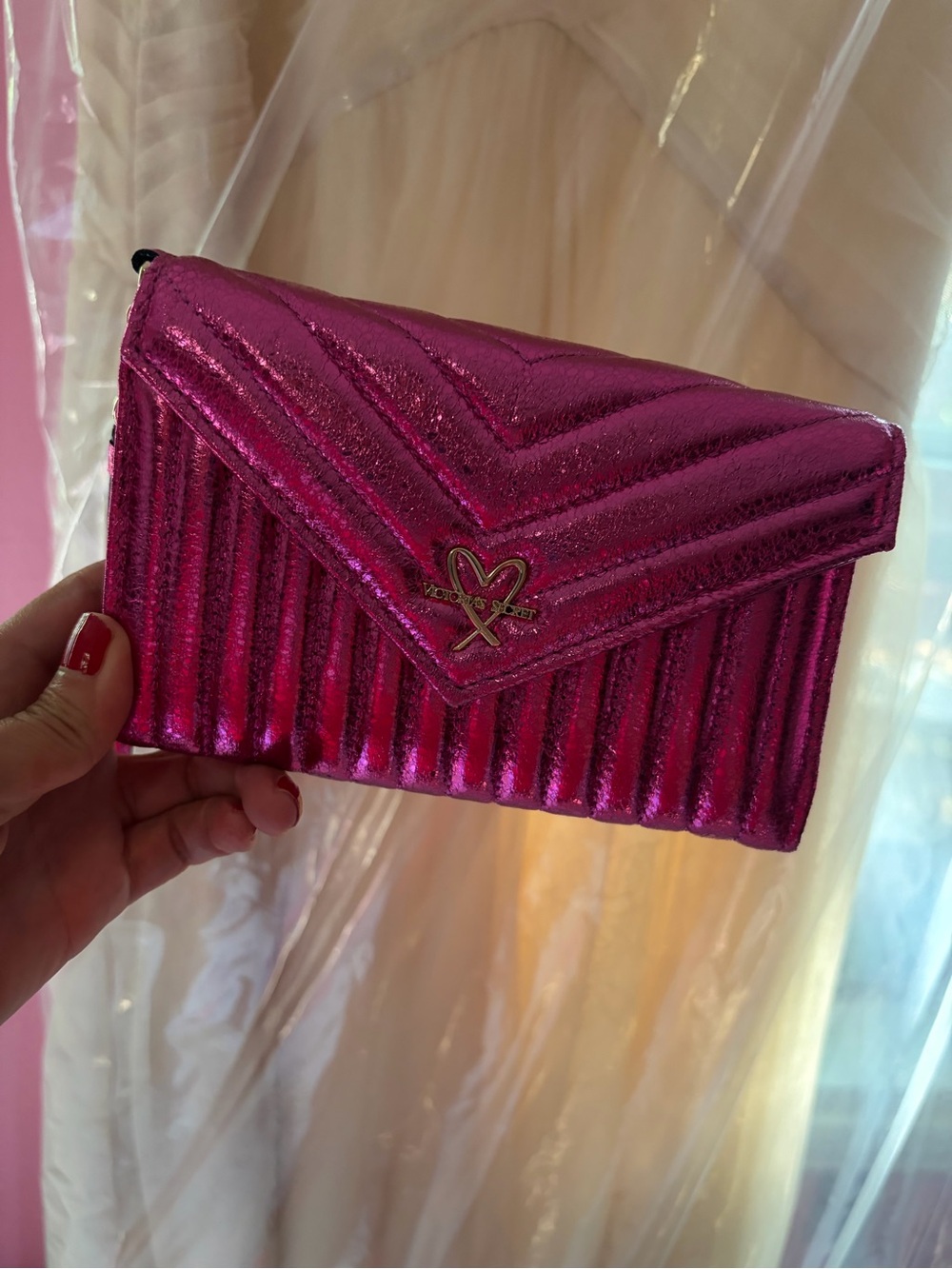 Victoria's Secret Metallic Fuchsia Quilted Envelope Wristlet